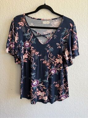 Floral Navy V-Neck Short Sleeve Top with Crisscross Detail